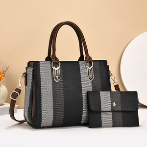 Large capacity striped tote bag set with matching wallet and brown leather straps
