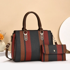 Three-color striped tote bag set with matching clutch and adjustable shoulder strap