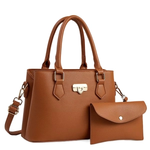 Brown lychee texture leather satchel and envelope clutch two-piece handbag set