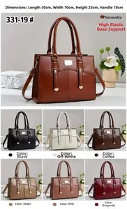 Detailed size guide and color palette showing seven elegant shades of professional PU handbags