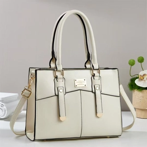 Cream white PU leather large tote bag with top handles and adjustable shoulder strap
