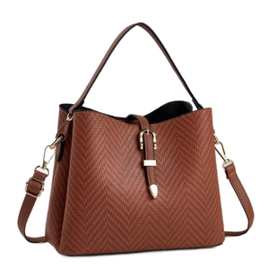 Brown large capacity tote bag with V-shaped woven texture and golden metal accents
