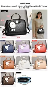 Detailed grid of geometric embossed handbags in eight colors with fur pompom and metal handle
