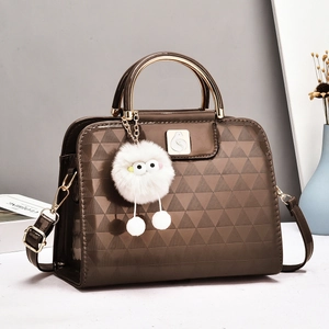 Women Patent Leather Shoulder Bag Geometric Triangular Embossed Handbag With Metal Handle Plush Monster Charm Casual Tote