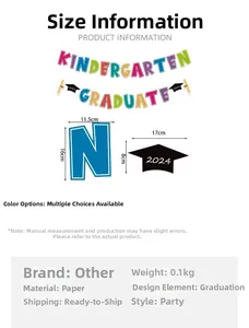 Detailed size specifications for Kindergarten Graduate paper banners and graduation cap decor
