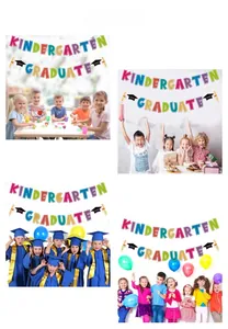 Colorful kindergarten graduation banner set 2024 with festive party decor scenes