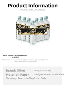 Detail of graduation water bottle labels with gold Congrats GRAD text and party motifs