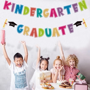 Colorful Kindergarten Graduate banner set with 2024 graduation caps and diploma icons