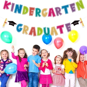 Colorful Kindergarten Graduate 2024 party banner with kids celebrating on white background