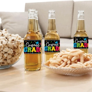 Congrats Grad bottle stickers for graduation party decor on black and gold labels