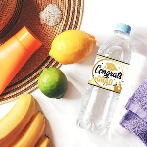 Custom Congrats Grad water bottle labels with black gold graduation theme and sun hat