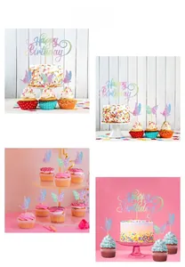 Dettaglio decorazione torta Happy Birthday e farfalle 3D con glitter arcobaleno