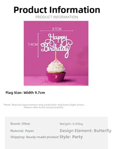 Detailed size specifications for white hollowed Happy Birthday paper cake topper set
