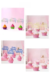 Detailed view of colorful glitter Happy Birthday cake toppers in a four-grid display