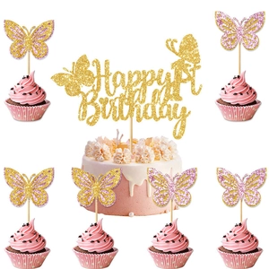 Rosa und goldener Kuchendeko-Set zum 1. Geburtstag mit Glitzer-Schmetterlingen
