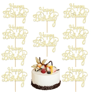 Close-up of golden glitter Happy Birthday cake toppers with wooden sticks set of 10