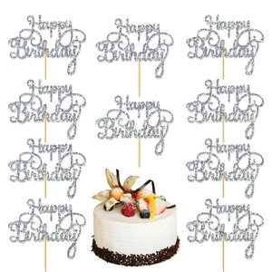 Set of 10 silver glitter Happy Birthday cake toppers with elegant script design