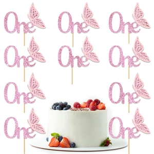 Rosa Glitzer-Schmetterling One Kuchendekoration Set für den ersten Babygeburtstag