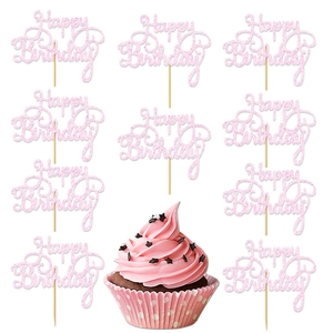Pink glitter Happy Birthday butterfly cake topper set with 11 decorative butterfly pieces