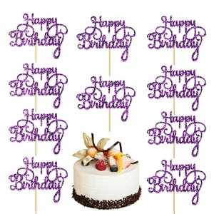 Set of 10 purple glitter Happy Birthday cake toppers with wooden sticks for parties