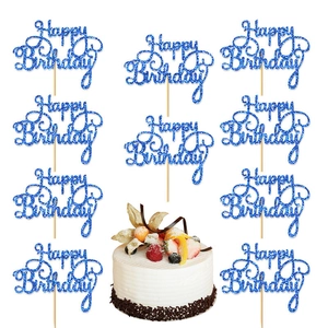 Blue glitter Happy Birthday cake topper set with 10 pieces for party dessert decorations