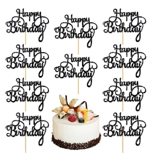 Set of 11 black glitter Happy Birthday cake toppers with sticks for party dessert decoration