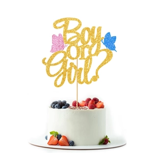 Glitzernder Boy or Girl Kuchendeko mit Schmetterlingen für Gender Reveal Partys