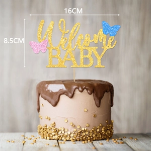 Gold Glitzer Welcome Baby Kuchendeko mit rosa und blauen Schmetterlingen für Partys