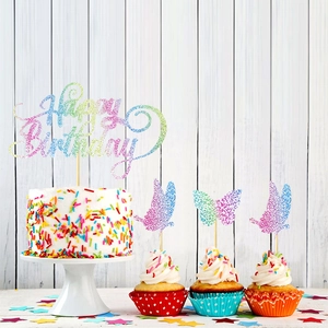 Set decorazioni per torta con farfalle 3D arcobaleno e scritta Happy Birthday glitter