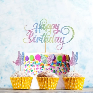 Set topper per torta farfalla 3D con scritta Happy Birthday glitterata per feste