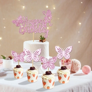 Décoration de gâteau Happy Birthday rose pailleté avec ornements papillons 3D pour fête