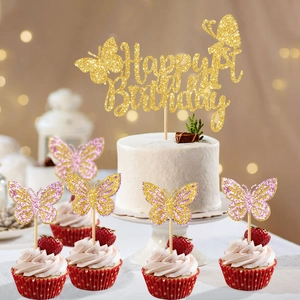 Décoration de gâteau Happy Birthday scintillante avec papillons 3D roses et dorés