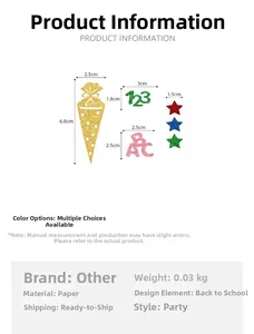 Detailed size chart for glittery school-themed party confetti with ABC and 123 cutouts