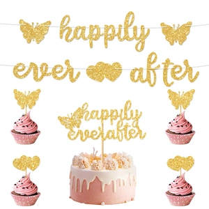 Golden glitter Happily Ever After banner and butterfly cake topper decoration set