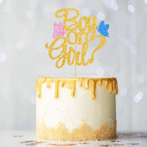 Gold glitzernder 'Boy or Girl?' Tortenaufsatz mit rosa und blauen Schmetterlingen für Partys