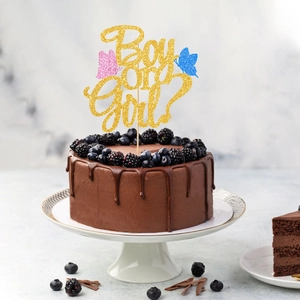 Goldener Glitzer Boy or Girl Kuchendeko mit Schmetterlingen für Gender Reveal Partys