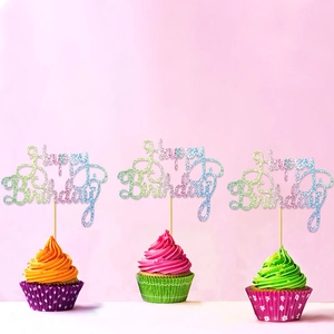 Rainbow glitter Happy Birthday cake toppers set for party decoration on cupcakes