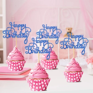 Blue glitter Happy Birthday cake toppers on cupcakes for festive party decorations