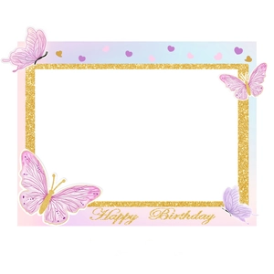 Glitzernder Happy Birthday Fotorahmen mit dekorativen rosa und lila Schmetterlingen