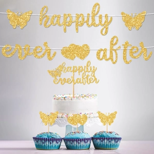 Kit déco fête papillon doré pailleté avec guirlande 'happily ever after' et toppers