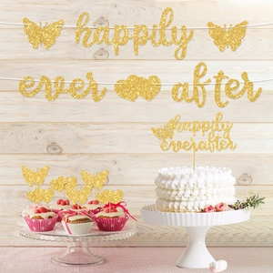 Golden glitter Butterfly Happily Ever After cake topper and party banner set decor