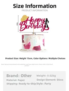 Pink glitter Happy Birthday cake topper with disco dancer and size specifications