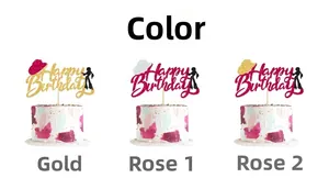 Close-up of Happy Birthday cake toppers with disco dancers and glitter finish