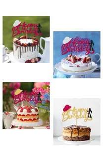 Close-up of Happy Birthday cake toppers with disco and cowboy hats in various scenes
