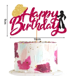 Pink glitter Happy Birthday cake topper with disco dancer and gold cowboy hat