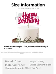 Detailed view of silver glitter Happy Birthday cake topper with disco ball and cowboy hat