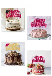 Close-up of sparkling disco themed happy birthday cake toppers with cowboy hat details