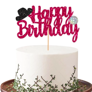 Disco party cake topper with pink glittery Happy Birthday text and silver mirror ball