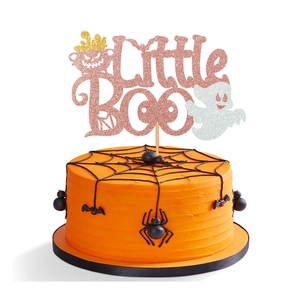 Halloween Little Boo rose gold glitter cake topper on orange spider web cake decoration