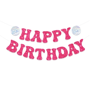 Rosa Glitzer Happy Birthday Banner mit holografischen Kreisen für die Partydekoration